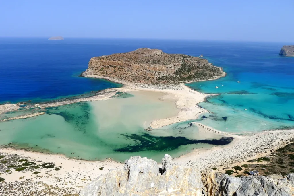 Aerial view of Balos Lagoon in Crete with turquoise water and white sand