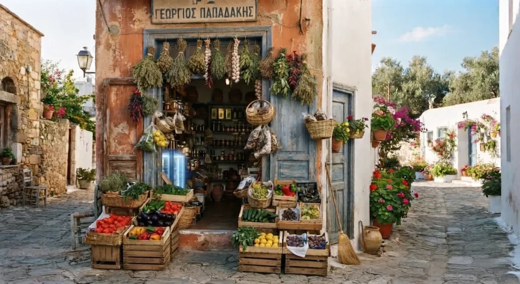 Fresh local produce at a Chania market stall, Crete