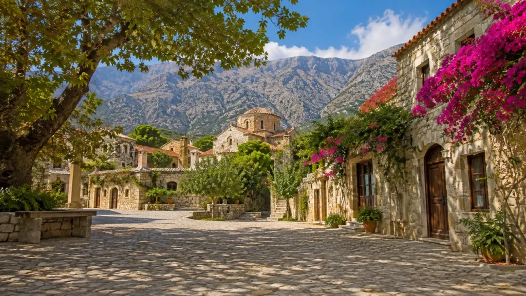 Stone-built traditional village near Chania, Crete with White Mountains in background